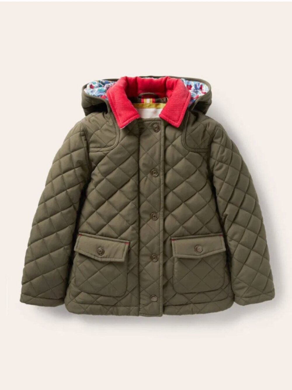 Mini Boden Girls Quilted Puffer Jacket Olive Green Red Collar Hood Sz 11-12/12